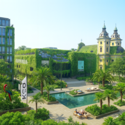 Eine grüne, von Pflanzen überwachsene Kunsthalle mit künstlerisch gestalteten Solarzellen und vielen Schattenplätzen. Der Grabbeplatz erscheint als Oase mit Wasserflächen, winterharten Palmen, bunten Papageien und zahlreichen Sitzgelegenheiten. Die gesamte Szene strahlt Frieden und Ruhe aus.