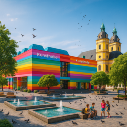 Auf dem Bild ist die Kunsthalle als sehr buntes Gebäude zu sehen. Der Grabbeplatz davor ist von Wasserflächen, vielen Bäumen und gemütlichen Sitzgelegenheiten geprägt. Es ist sonnig, im Hintergrund unterhalten sich fröhlich ein paar Kinder und mehrere Tauben befinden sich auf dem Boden und fliegen durch die Luft.