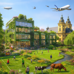 Die Kunsthalle mit vielen Fenstern, Glasboden und Glaswänden, begrüntem Dach, Dachterrasse, Schwimmraum und Blättern an der Fassade. Auf dem Grabbeplatz: Fußball- und Hockeyplatz, Bach, viele Pflanzen, Pferde- und Kuhwiese, Eisbude, Bratwurstbude, See mit Brücke, Kirche, Zeppelin, Entspannungsfläche. Sonnenschein, Hubschrauber und A380 am Himmel.