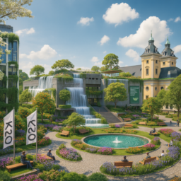 Ein futuristisches Gebäude umgeben von Wasserflächen, insektenfreundlichen Blumen und Obstbäumen. Bänke laden zum Verweilen ein. Der Grabbeplatz zeigt ebenfalls Wasser, viele Blumen, Bänke und Bäume. Die Szene spielt bei Sonnenschein mit kleinen Wölkchen am Himmel.