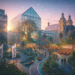 Eine gläserne, bunte Kunsthalle mit Graffiti und einem riesigen Baum im Inneren steht winterlich glänzend am Grabbeplatz. Steinwege schlängeln sich durch Palmen und viele Pflanzen, kleine Flüsse mit Booten ziehen vorbei. Ein Biergarten lädt zum Verweilen ein, Autos fehlen, dafür gibt es Fahrradwege. Im Hintergrund taucht ein Sonnenuntergang die Szene in warmes Licht.