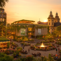 Grüne Oase am Grabbeplatz mit vielen bunten Blumen, gemütlichen Sitzmöglichkeiten im Grünen, einem schönen Brunnen und einer kleinen Café-Verkaufsecke. Überall leuchten Lichterketten. Die Kunsthalle hat eine begrünte Fassade (dezent bepflanzt) und eine Dachterrasse. Alles in warmes Sonnenuntergangslicht und Hygge-Atmosphäre getaucht.