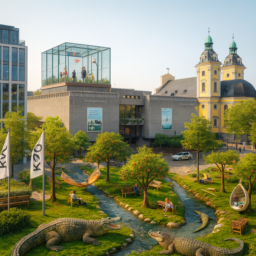 Auf dem Bild ist die Kunsthalle Düsseldorf mit einem Basketballplatz auf dem Dach zu sehen. Der Grabbeplatz ist grün mit einem klaren Bächlein und vielen Bäumen voller essbarer Früchte gestaltet. Überdachte Hängematten und Sessel laden zum Entspannen ein, während friedliche Krokodile zum Streicheln am Wasser liegen.