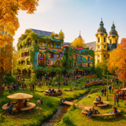 Die Kunsthalle erscheint im Hundertwasser-Stil, bunt, künstlerisch und mit üppigen Pflanzen bewachsen, Solarpanele auf dem Dach. Der Grabbeplatz ist grün mit Spielplätzen für Groß und Klein, Schattenplätzen unter Bäumen, einem natürlichen Gewässer mit Brücken, viel Holz und gemütlichen Sitzgelegenheiten. Es ist sonniger Herbst, urban, viele Menschen unterschiedlicher Herkunft beleben den Platz.