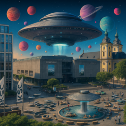 Eine futuristische Kunsthalle in Form eines Ufos steht auf dem Grabbeplatz, umgeben von vielen modernen Sitzmöglichkeiten. In der Mitte des Platzes fließt ein Wasserfall, der ebenfalls wie ein Ufo geformt ist. Der Himmel im Hintergrund ist voll mit farbenfrohen, leuchtenden Planeten.