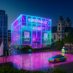 Ein futuristisches Glasgebäude, das in buntem Licht schimmert, steht auf dem Grabbeplatz. Umgeben ist es von weiß-pinkem Wasser. Ein regenbogenfarbenes Auto fährt vorbei. Auf dem Platz steht ein spielzeughaftes, kleines Apple-Store-Häuschen. Die Szene wirkt farbenfroh und modern.