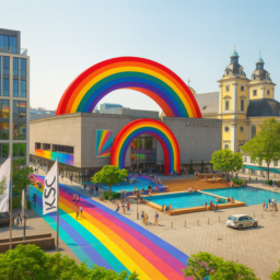 Eine futuristische Kunsthalle, über der ein beeindruckender Regenbogen schwebt. Der Grabbeplatz ist kreativ gestaltet: Ein großer Pool liegt zentral, darüber spannt sich ein leuchtender Regenbogen. Die Straße vor der Kunsthalle ist ebenfalls als bunter Regenbogen gestaltet und verbindet alle Elemente in einer lebendigen, fantasievollen Atmosphäre.