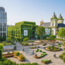 Die Kunsthalle ist von üppigen Pflanzen überwuchert und hebt sich als grüner Kontrast hervor. Auf dem Grabbeplatz laden zahlreiche moderne Sitzmöglichkeiten in kleinen Gruppen zum Austausch ein. Die Atmosphäre ist friedlich, mit dezent sichtbarer "Free Palestine"-Botschaft im urbanen Umfeld.