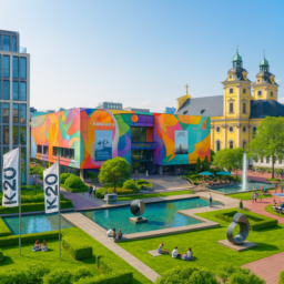 Die Kunsthalle erscheint bunt gestrichen. Auf dem Grabbeplatz erstrecken sich grüne Rasenflächen, Wasserflächen spiegeln das Licht, und moderne Skulpturen setzen künstlerische Akzente. Vor der Kunsthalle lädt ein Café mit kleinen Tischen im Freien zum Verweilen ein.