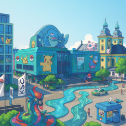 Eine moderne, abstrakte Kunsthalle mit zahlreichen Pokémon-Figuren auf und um das Gebäude herum. Im Vordergrund des Grabbeplatzes steht eine imposante Apoquallyp-Statue. Ein Weg mit gläsernen Elementen schlängelt sich durch den Platz, daneben befindet sich ein kleiner Kiosk. Die Szene wirkt kreativ und futuristisch.