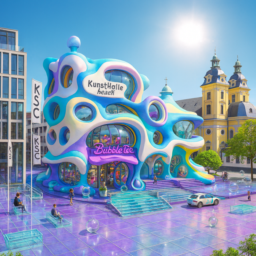 Eine verrückte, witzige Kunsthalle mit integriertem Bubbletea-Geschäft steht auf einem außerordentlich entspannten Grabbeplatz, der komplett aus Glas gestaltet ist. Die Szene ist von warmem Sonnenlicht erleuchtet.
