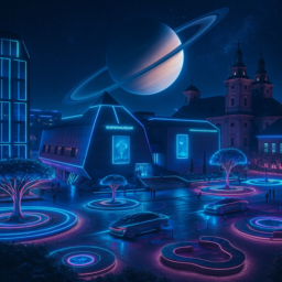 Futuristic Grabbeplatz at night: In the center stands a pyramid-shaped Kunsthalle with a stone exterior, surrounded by tree benches and a beautiful water area. Roads feature self-driving cars. The scene glows with advanced, colorful lighting, and in the dark sky above, Saturn’s rings are clearly visible, creating a magical atmosphere.