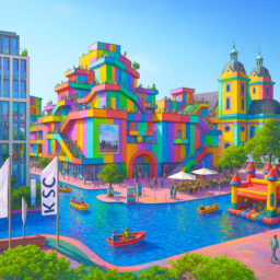 Eine bunte Kunsthalle mit vielen Aussichtspunkten steht am Grabbeplatz, der von Wasserflächen umgeben ist. Auf dem Wasser fahren kleine Boote. Am Rand des Platzes gibt es eine große bunte Hüpfburg und ein gemütliches Café mit Sitzgelegenheiten. Die Atmosphäre wirkt lebendig und einladend.