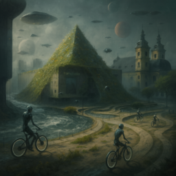 Eine von Wildblumen bewachsene Pyramide als Kunsthalle steht inmitten eines sandigen Grabbeplatzes mit einem reißenden Fluss. In den Sandflächen verlaufen Wege, auf denen Androiden Fahrrad fahren. Die Atmosphäre ist neblig und dystopisch. Am Himmel schweben Raumschiffe und Drohnen, im Hintergrund sind bewohnte Planeten sichtbar.