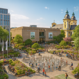 Eine helle, moderne Kunsthalle mit vielen Grünflächen und Springbrunnen steht im Zentrum. Der Grabbeplatz ist lebendig mit Sitzmöglichkeiten, Radwegen, einem Teegarten, warmem Licht und Wasserspielen. Überall blühende Pflanzen und Sonnenschein. Menschen verschiedener Nationen, ältere Menschen und Menschen mit Behinderungen genießen gemeinsam die Atmosphäre.