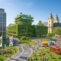 Eine futuristische, große und von Pflanzen bewachsene Kunsthalle steht am Grabbeplatz. Der Platz ist begrünt mit weitläufigen Rasenflächen, modernen Radwegen und mehreren bunten Foodtrucks. Die Atmosphäre strahlt Glück, Euphorie und Freude aus – Menschen genießen die grüne Umgebung und das lebendige Treiben.
