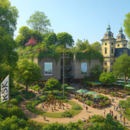 Eine moderne Kunsthalle mit einem üppigen Biotop auf dem Dach erhebt sich am autofreien Grabbeplatz. Viele Bäume spenden Schatten, ein Spielplatz lädt Kinder ein. Ein Café und ein Restaurant/Biergarten bieten Treffpunkte für alle Generationen. Die Atmosphäre ist offen, naturverbunden und voller Raum für Begegnung und Spiel.