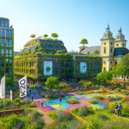 Die Kunsthalle ist bewachsen mit Blumen, Bäumen und Solarzellen, auf dem Dach grasen Schafe. Der Grabbeplatz ist von bunten Glasflächen, lebendigen Blumen, viel Grün und wilden Pflanzen geprägt. Die gesamte Szene strahlt eine fröhliche, einladende Atmosphäre aus.