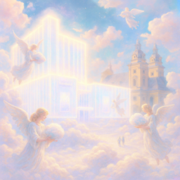 Die Kunsthalle erscheint vollständig aus Licht, schwebend in einer traumartigen, weichen Wolkenlandschaft. Über den Grabbeplatz aus Wolken bewegen sich Engel, die geheimnisvolle Haufen in ihren Händen tragen. Die gesamte Szene wirkt surreal und verträumt, fast wie eine Vision zwischen Himmel und Fantasie.