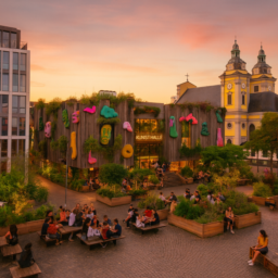Die Kunsthalle ist mit altem Holz verkleidet, bunte plastische Kunst-Elemente ragen aus den Wänden und sind von Pflanzen umgeben. Auf dem Grabbeplatz laden Sitzmöglichkeiten in einem botanischen Ambiente zum Verweilen ein. Es herrscht sommerliche Abendstimmung, Menschen treffen sich in lockerer, alternativer Szene-Kultur.